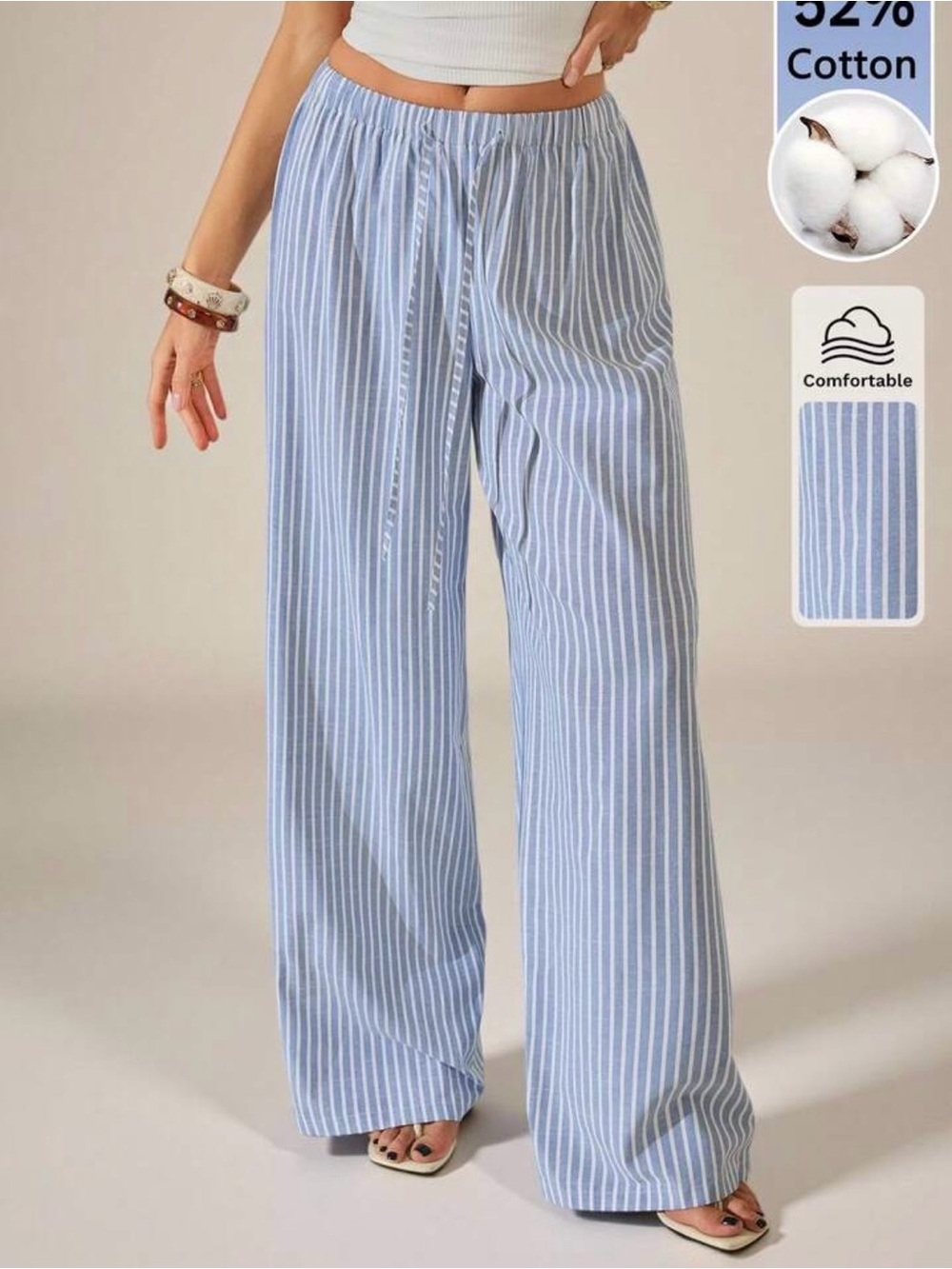 Women’s Wide Leg Striped Lounge Pants - Light Blue